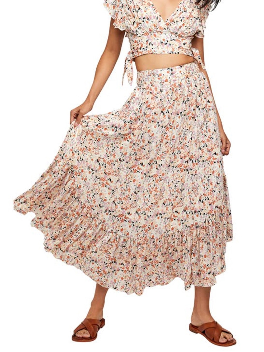 Free People Pretty Daze Ivory Floral Print Tiered Maxi Skirt Cream Multi Size S